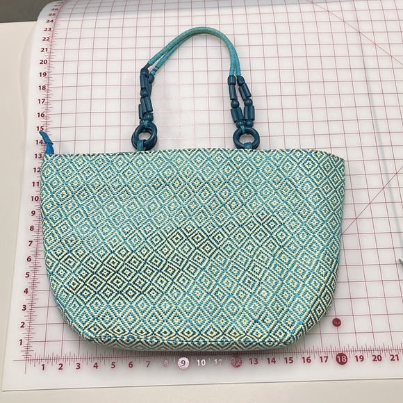 BIG BUDA Turquoise & Tan Geometric Beaded Handle Zip Large Beach/Vacation Tote - Picture 1 of 8